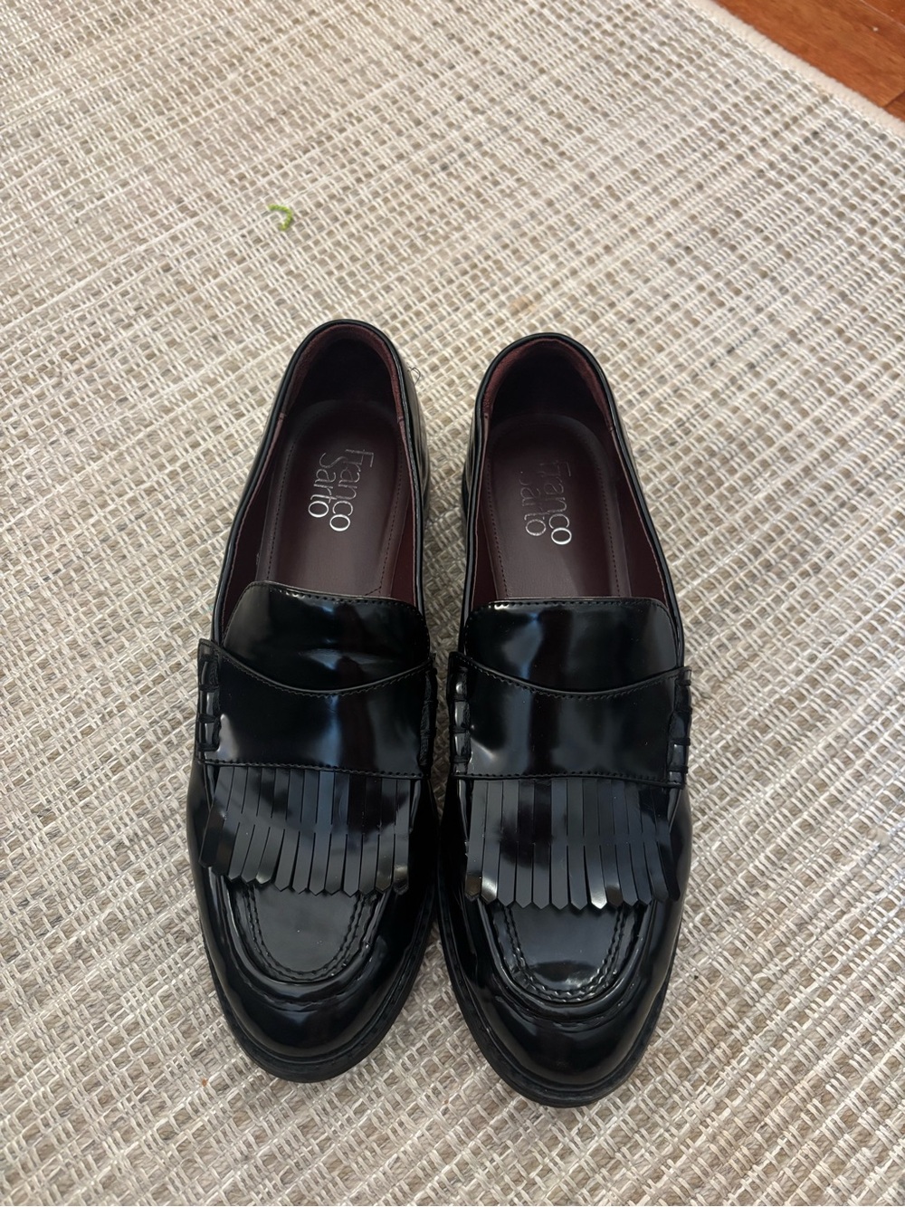 Franco Sarto Black Patent Kiltie Loafers with Fringe